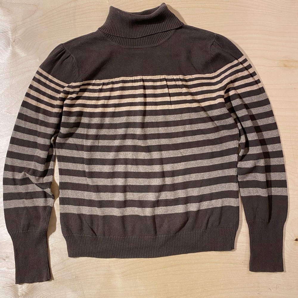 a.n.a. Turtleneck Striped Sweater in Brown and Cream PL (QU)